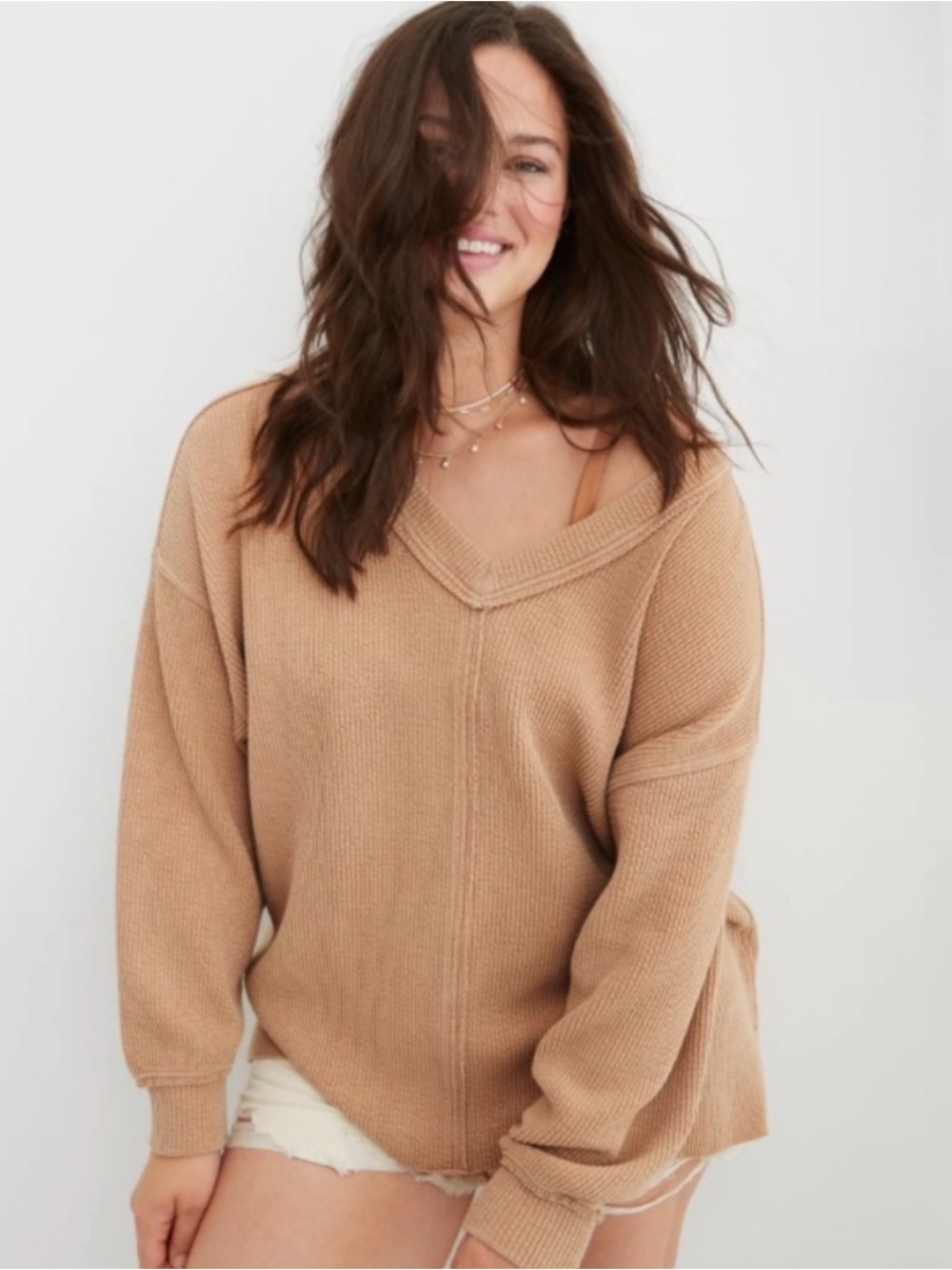 Aerie Wonder Textured V-Neck Oversized Womens Small Tan Waffle Knit Pullover